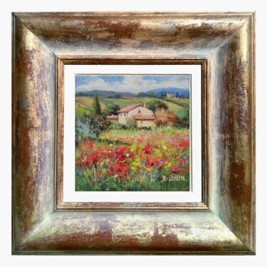 Painting titled "Flowery countryside…" by Bruno Chirici, Original Artwork, Oil Mounted on Wood Stretcher frame