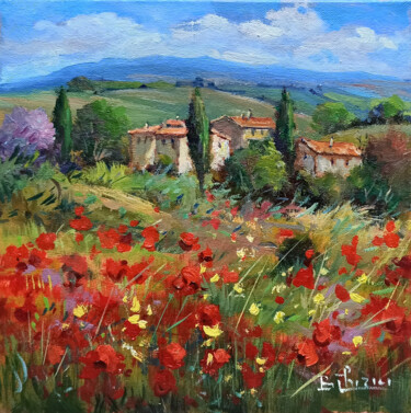 Painting titled "Village with wildfl…" by Bruno Chirici, Original Artwork, Oil Mounted on Wood Stretcher frame