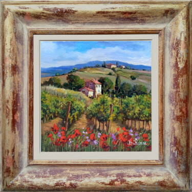 Painting titled "Vineyard under the…" by Bruno Chirici, Original Artwork, Oil Mounted on Wood Stretcher frame