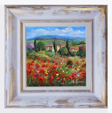 Painting titled "Village with wildfl…" by Bruno Chirici, Original Artwork, Oil Mounted on Wood Stretcher frame