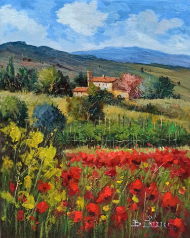 Painting titled "Flowery countryside…" by Bruno Chirici, Original Artwork, Oil Mounted on Wood Stretcher frame