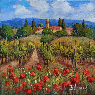 Painting titled "Village with flower…" by Bruno Chirici, Original Artwork, Oil Mounted on Wood Stretcher frame