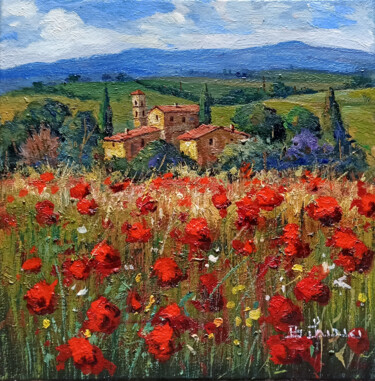 Painting titled "Red poppies field -…" by Bruno Chirici, Original Artwork, Oil Mounted on Wood Stretcher frame