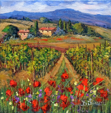 Painting titled "The vineyard path -…" by Bruno Chirici, Original Artwork, Oil Mounted on Wood Stretcher frame