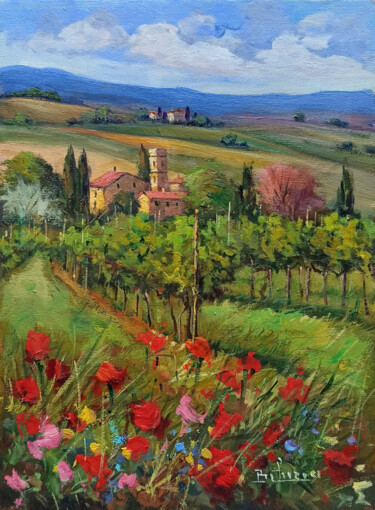 Картина под названием "Village with vineya…" - Bruno Chirici, Подлинное произведение искусства, Масло Установлен на Деревянн…