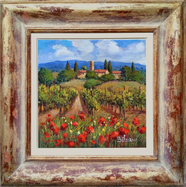 Painting titled ""VILLAGE WITH FLOWE…" by Bruno Chirici, Original Artwork, Oil Mounted on Wood Stretcher frame