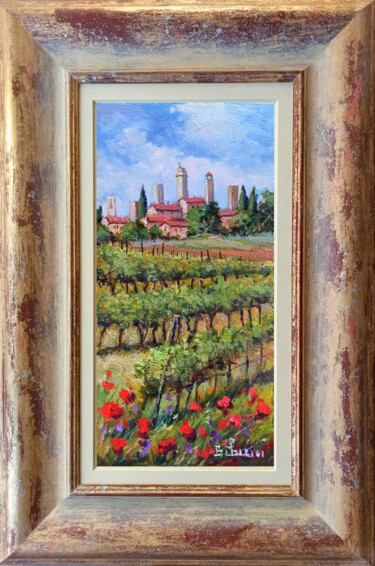 Painting titled "SAN GIMIGNANO VILLA…" by Bruno Chirici, Original Artwork, Oil Mounted on Wood Stretcher frame
