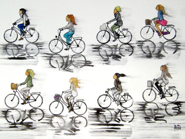 Painting titled "bicycle chic women" by Bruno Dumont, Original Artwork, Watercolor