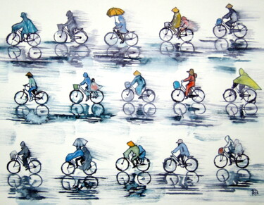 Painting titled "mousson bicycle" by Bruno Dumont, Original Artwork, Watercolor
