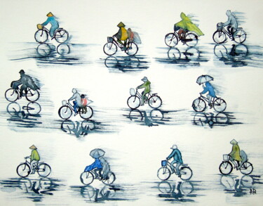 Malerei mit dem Titel "mousson bicycle 2" von Bruno Dumont, Original-Kunstwerk, Aquarell