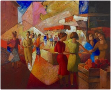 Painting titled "Le Marché d’Apt" by Bruno Gaulin, Original Artwork, Oil Mounted on Wood Stretcher frame