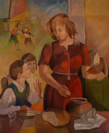 Peinture intitulée "repas avec les enfa…" par Bruno Gaulin, Œuvre d'art originale, Huile