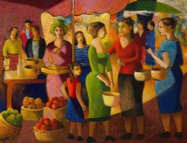 Painting titled "Discutions au marché" by Bruno Gaulin, Original Artwork, Oil
