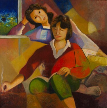 「Les deux sœurs」というタイトルの絵画 Bruno Gaulinによって, オリジナルのアートワーク, オイル ウッドストレッチャーフレームにマウント