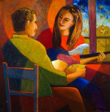 Painting titled "La leçon de guitare" by Bruno Gaulin, Original Artwork, Oil Mounted on Wood Stretcher frame