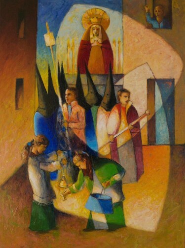 Painting titled "Procesión de semana…" by Bruno Gaulin, Original Artwork, Oil Mounted on Wood Stretcher frame