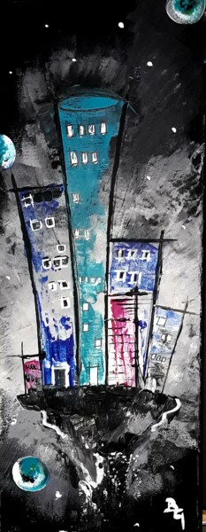Painting titled "Ville cosmique" by Bruno Guisset, Original Artwork, Acrylic