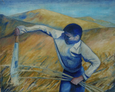 Painting titled "enfant au travail" by Bruno Leblais, Original Artwork, Oil