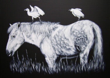 Painting titled "Le cheval et les oi…" by Bruno Lemasson, Original Artwork, Acrylic Mounted on Wood Stretcher frame