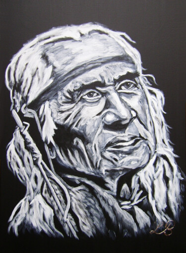 Painting titled "Un vieil indien" by Bruno Lemasson, Original Artwork, Acrylic Mounted on Wood Stretcher frame
