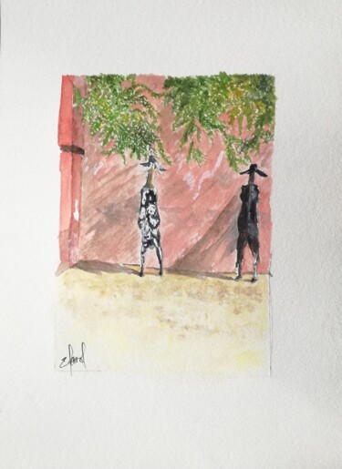 Painting titled "Chevres" by Bruno Mairet, Original Artwork, Watercolor