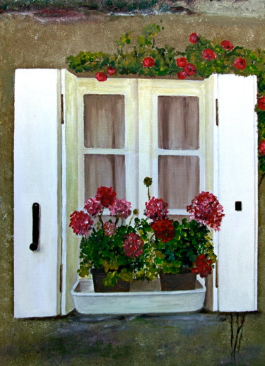 Painting titled "Fenêtre fleurie" by Bruno Nuevo, Original Artwork, Oil