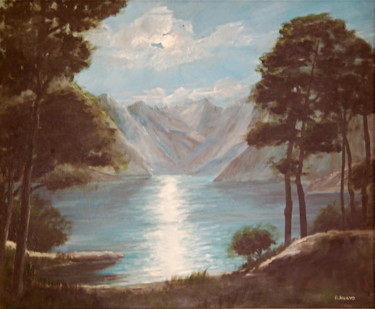 Painting titled "Lac de montagne la…" by Bruno Nuevo, Original Artwork, Oil