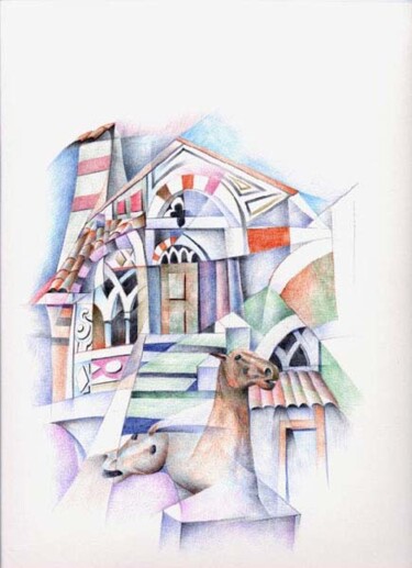 Pittura intitolato "Chiesa con scale" da Bruno Sciaraffia, Opera d'arte originale