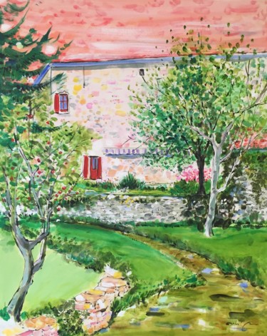 Painting titled "Petite ferme de Dré…" by Bruno Tupinier, Original Artwork, Acrylic Mounted on Wood Stretcher frame