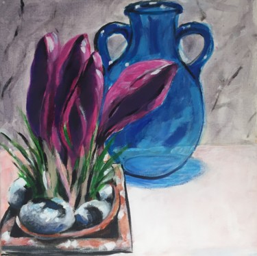 Painting titled "Le vase bleu" by Bruno Tupinier, Original Artwork, Acrylic Mounted on Wood Stretcher frame