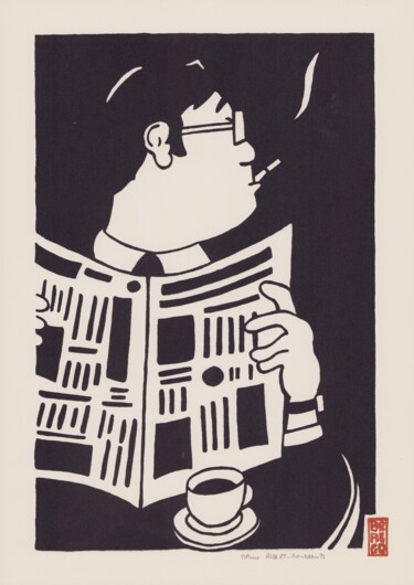 Druckgrafik mit dem Titel "Journal, café, fumée" von Bruno Albert-Gondrand, Original-Kunstwerk, Siebdruck