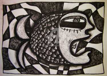 Dessin intitulée "mon poisson in the…" par Bruno Antony-Thouret (bruno antony), Œuvre d'art originale, Marqueur