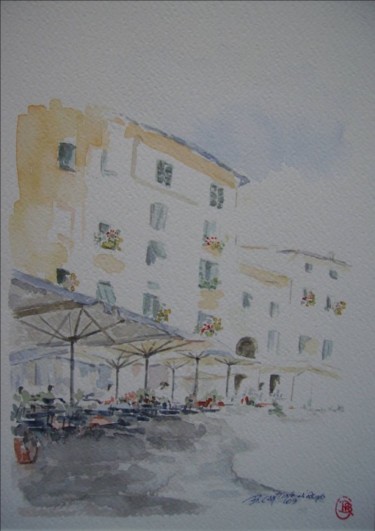 Painting titled "Bistrot de place au…" by Bruno Cantino Di Reino, Original Artwork, Oil