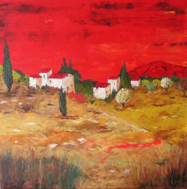 Painting titled "Village au loin . .…" by Bruno Delorme, Original Artwork, Oil
