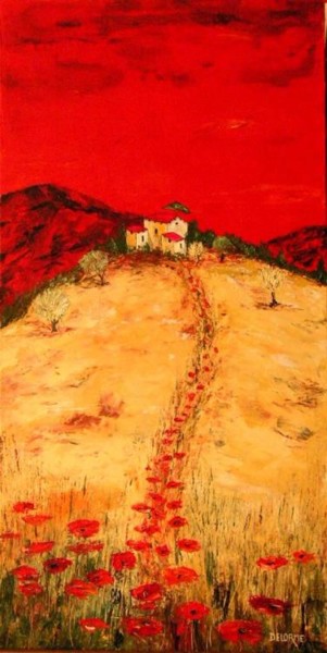 Painting titled "Chemin et coquelico…" by Bruno Delorme, Original Artwork, Oil