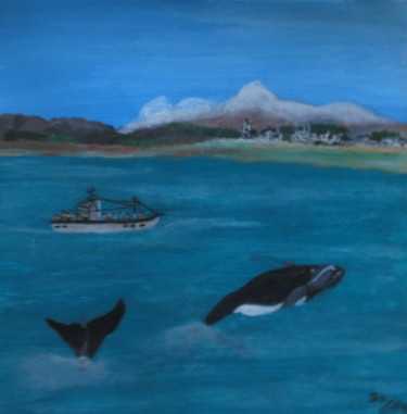 Painting titled "baleines et bateau" by Bruno Grégory (BG), Original Artwork, Acrylic