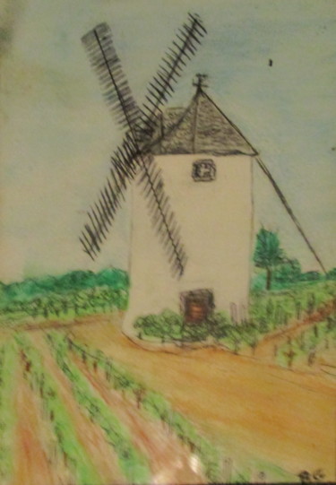 Drawing titled "moulin dans le vign…" by Bruno Grégory (BG), Original Artwork, Watercolor Mounted on Glass