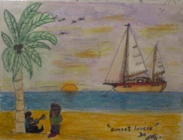 Schilderij getiteld "Sunset lovers" door Bruno Grégory (BG), Origineel Kunstwerk, Aquarel