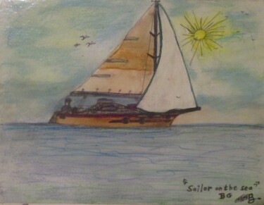 Drawing titled "Sailor on the sea" by Bruno Grégory (BG), Original Artwork, Watercolor Mounted on Cardboard