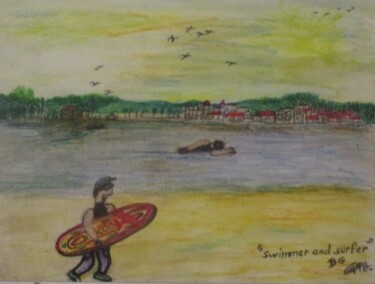 Drawing titled "Swimmer and surfer" by Bruno Grégory (BG), Original Artwork, Watercolor