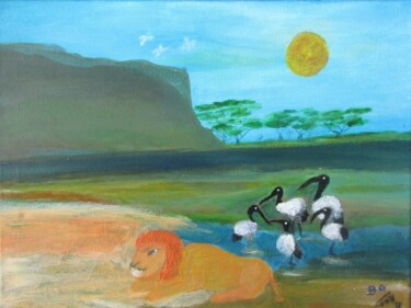 Painting titled "Vieux lion et 5 ibis" by Bruno Grégory (BG), Original Artwork, Acrylic