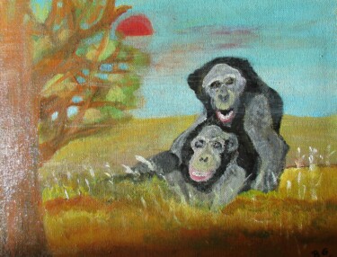 Painting titled "Chimpanzés" by Bruno Grégory (BG), Original Artwork, Acrylic