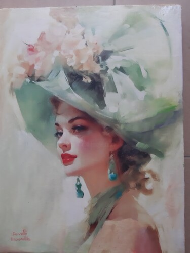 Painting titled "Debora con cappello" by Bruscella Donato, Original Artwork, Oil