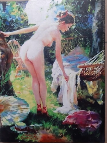 Painting titled "Raquel nuda in giar…" by Bruscella Donato, Original Artwork, Oil Mounted on Wood Stretcher frame