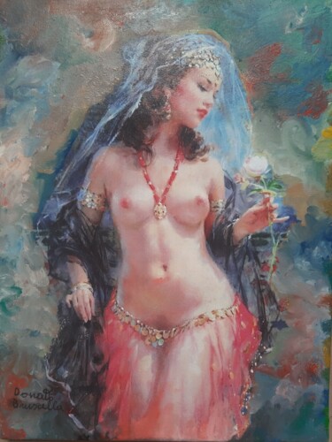 Painting titled "Ines nuda con fiore…" by Bruscella Donato, Original Artwork, Oil Mounted on Wood Stretcher frame
