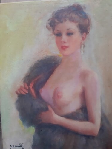 Painting titled "INES NUDA CON PELLI…" by Bruscella Donato, Original Artwork, Oil Mounted on Wood Stretcher frame