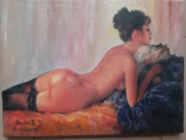 Painting titled "NUDA SUL LETTO" by Bruscella Donato, Original Artwork, Oil Mounted on Wood Stretcher frame
