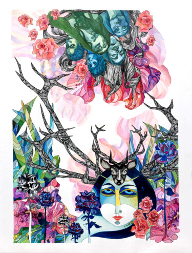 Zeichnungen mit dem Titel "Im Garten Eden" von Brygida Figwer-Wagner, Original-Kunstwerk, Aquarell
