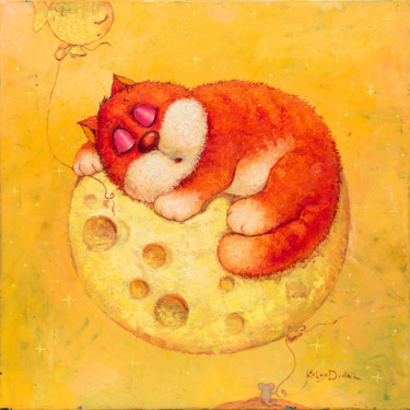 Картина под названием "Cat on the Moon" - Katya Dudnik, Подлинное произведение искусства, Масло
