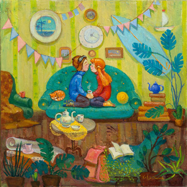 Картина под названием "Вкусный чай" - Katya Dudnik, Подлинное произведение искусства, Масло